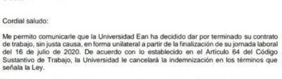 U. EAN habría presionado a profesores despedidos para no reclamar indemnización