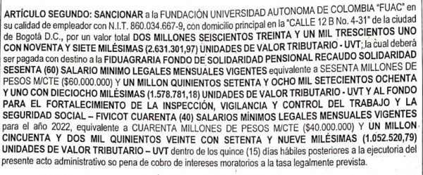 Mintrabajo sanciona a la U. Autónoma de Colombia por incumplimientos laborales